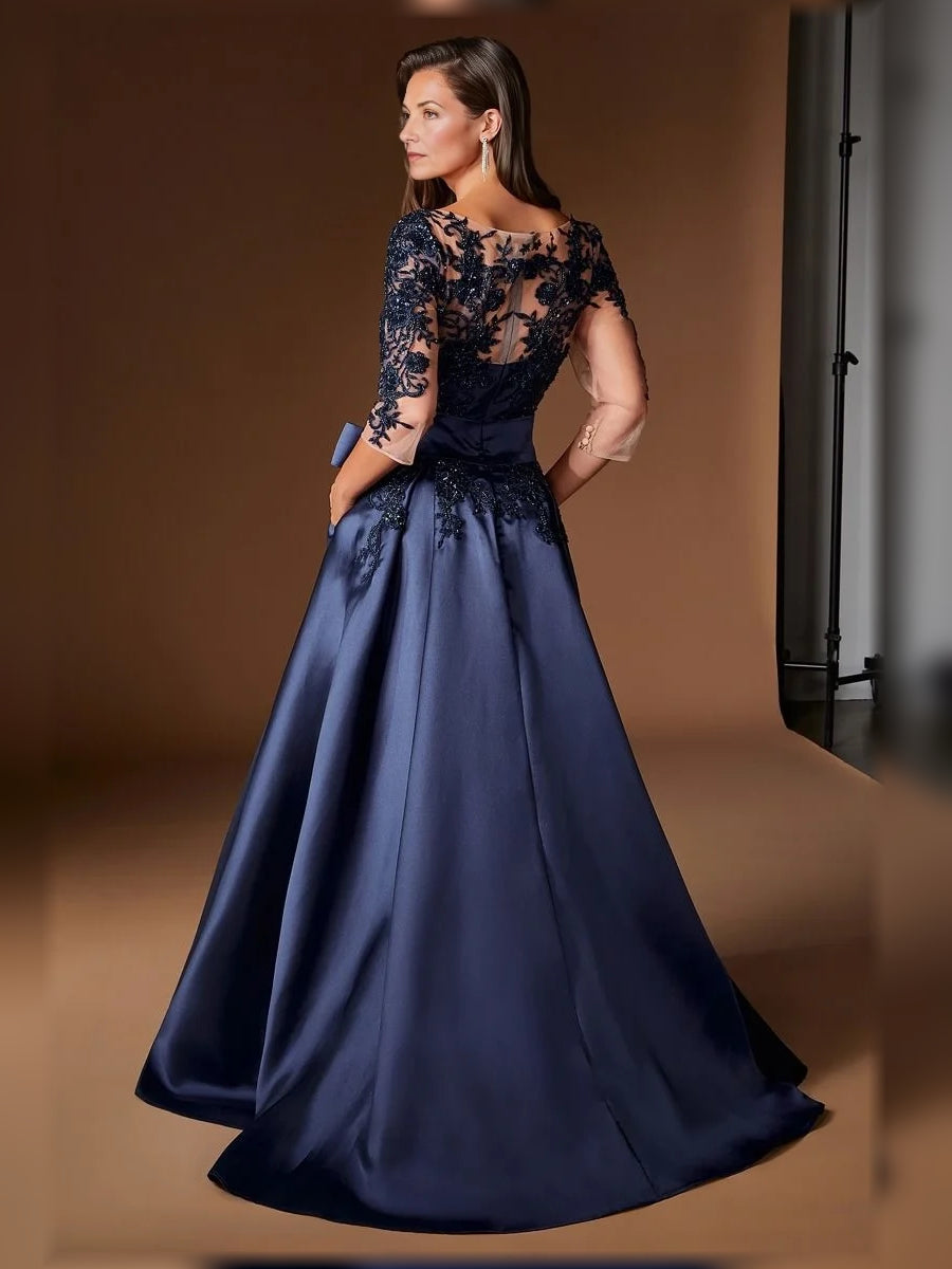 Dark blue satin A-line evening dress with lace back sleeves and waist bow