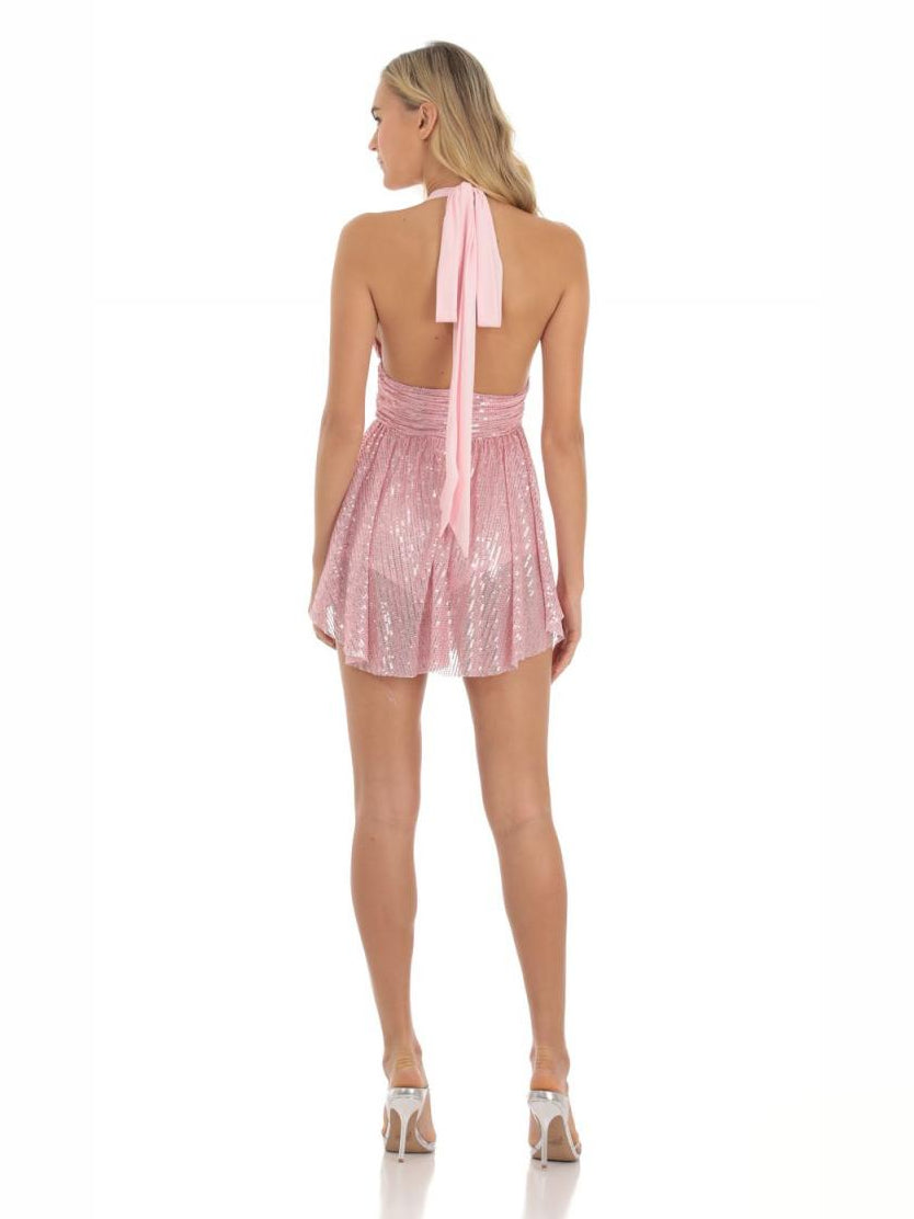 Pink sequin halter mini dress with open back and ribbon tie