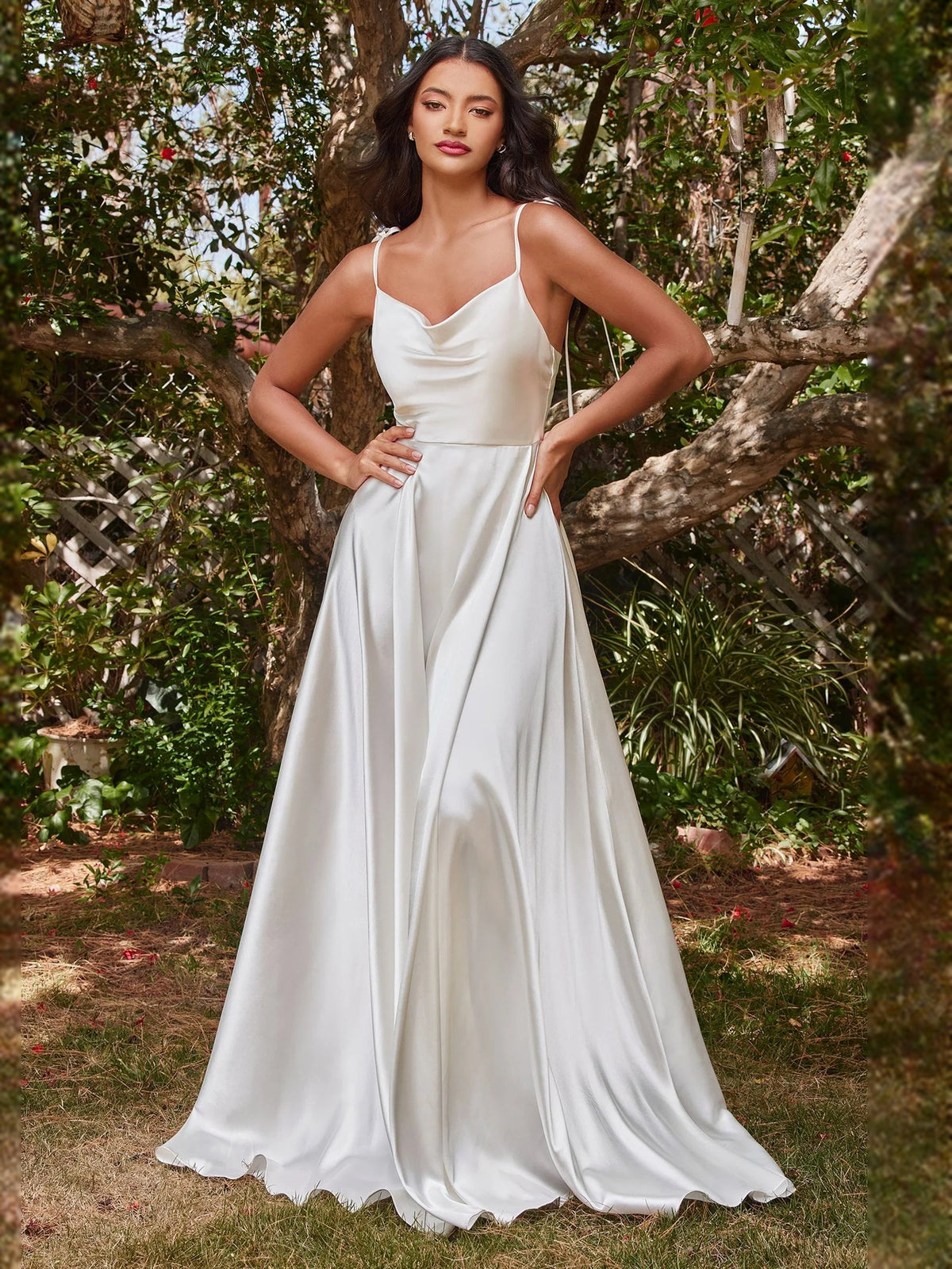 Ivory satin A-line wedding dress with draped bodice, cowl neckline, side slit