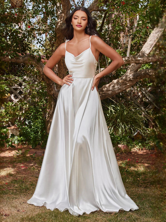 Ivory satin A-line wedding dress with draped bodice, cowl neckline, side slit
