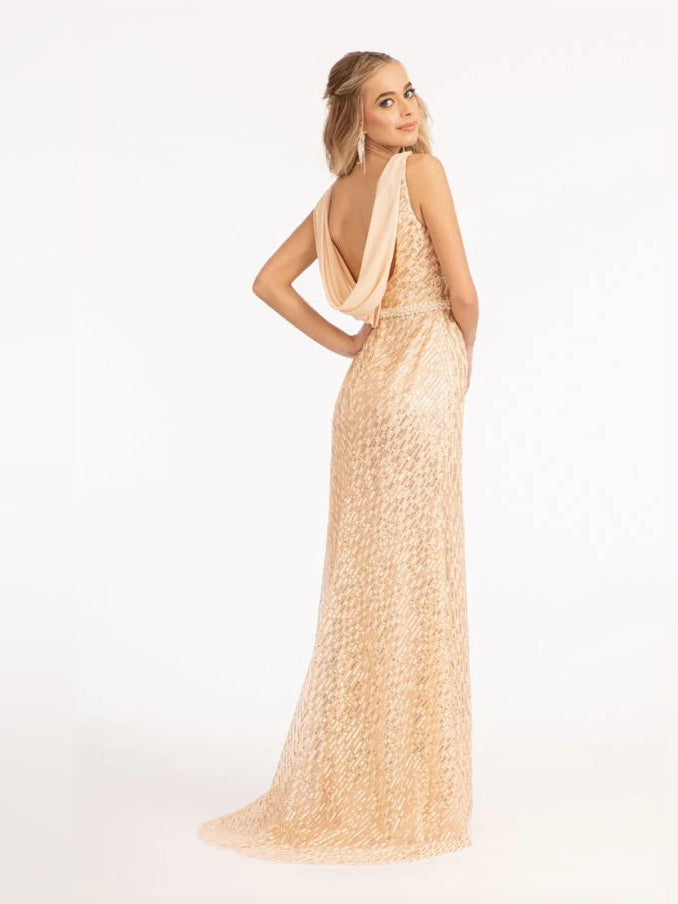 Champagne beaded sleeveless maxi dress with deep V back and high-leg slit