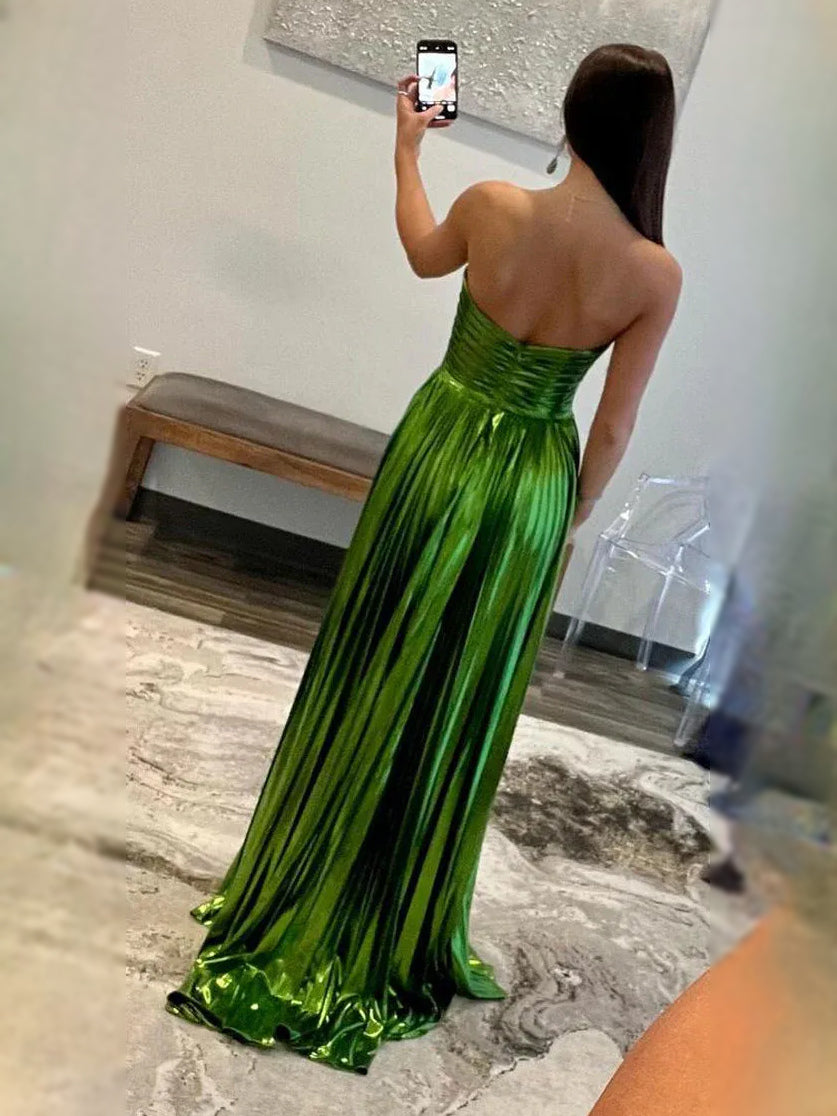Green backless A-line prom dress with ruched bodice and pleated floor-length skirt