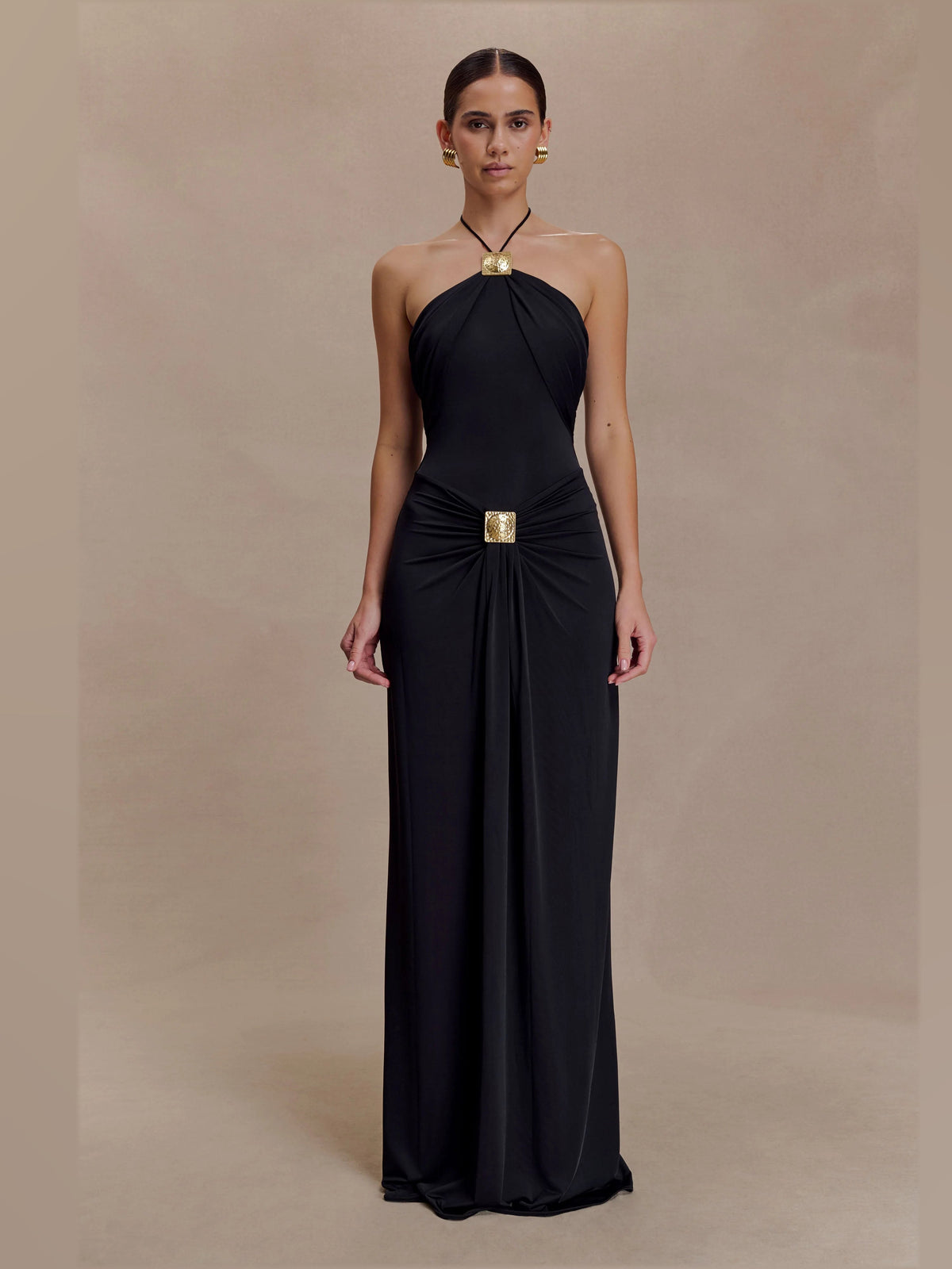 Black formal dress with halter neck neckline