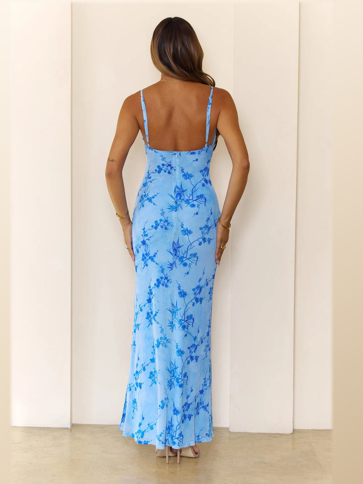 Blue maxi formal dress, back full-length view showing the bodice