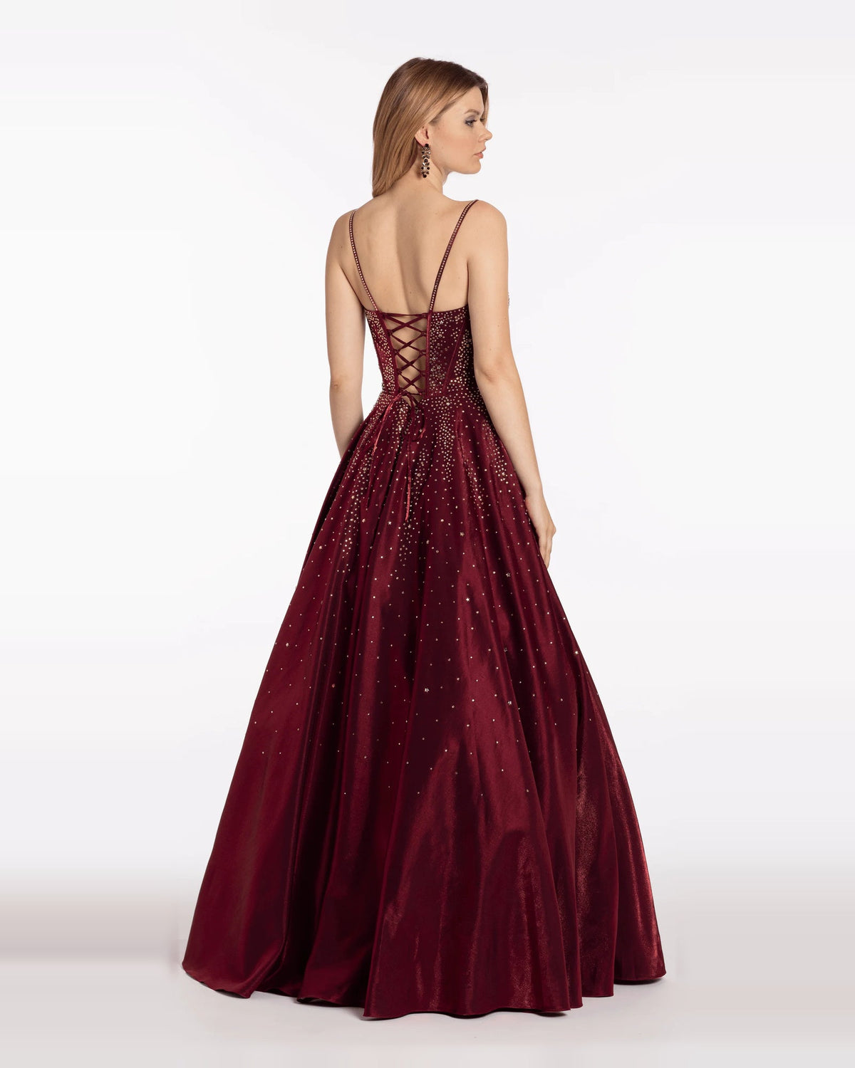 Burgundy sequin corset ball-gown prom dress, low open-back with thin crisscross straps