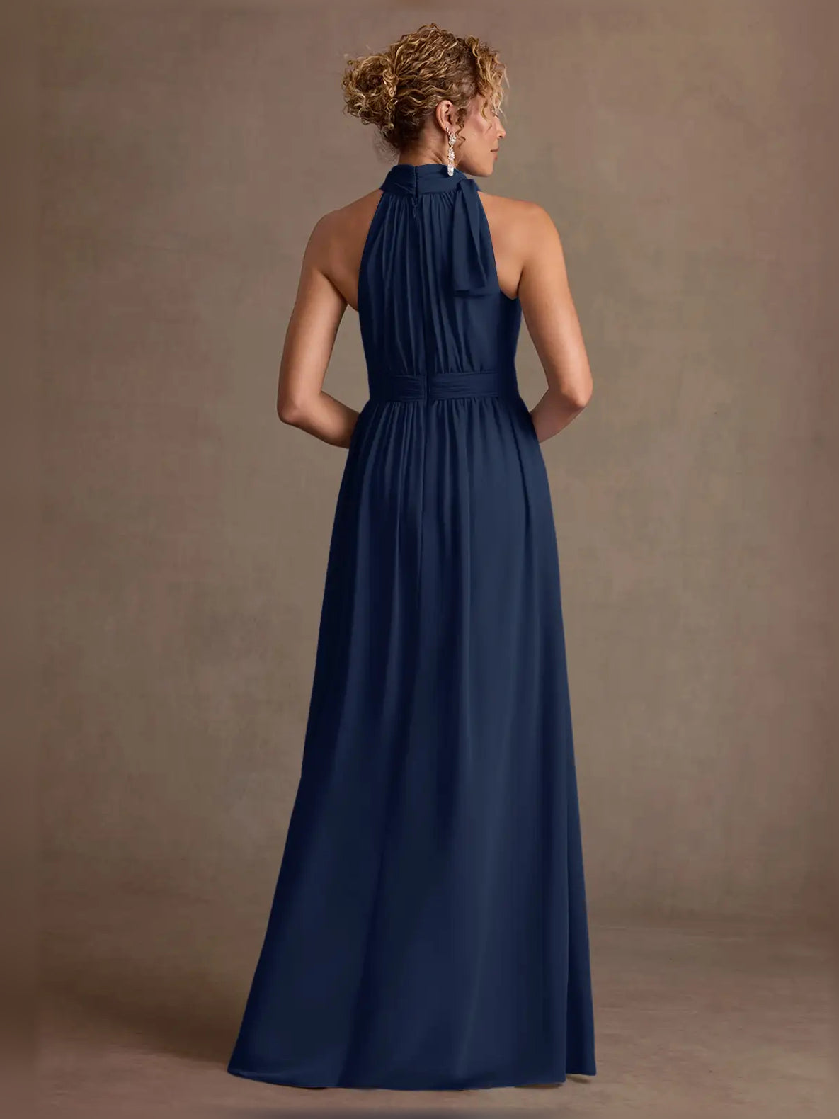 Navy halter-neck ruched A-line maxi dress, back view