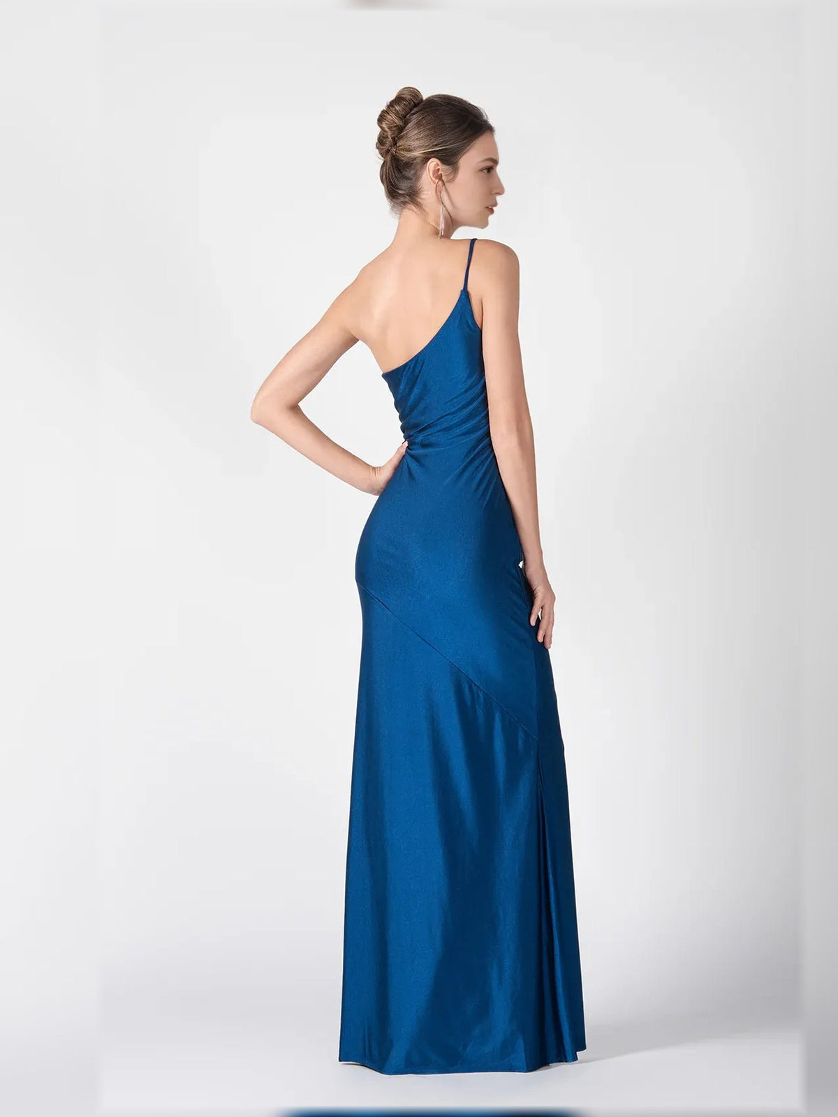 One-shoulder ruched mermaid formal dress, dark blue, floor-length, back view