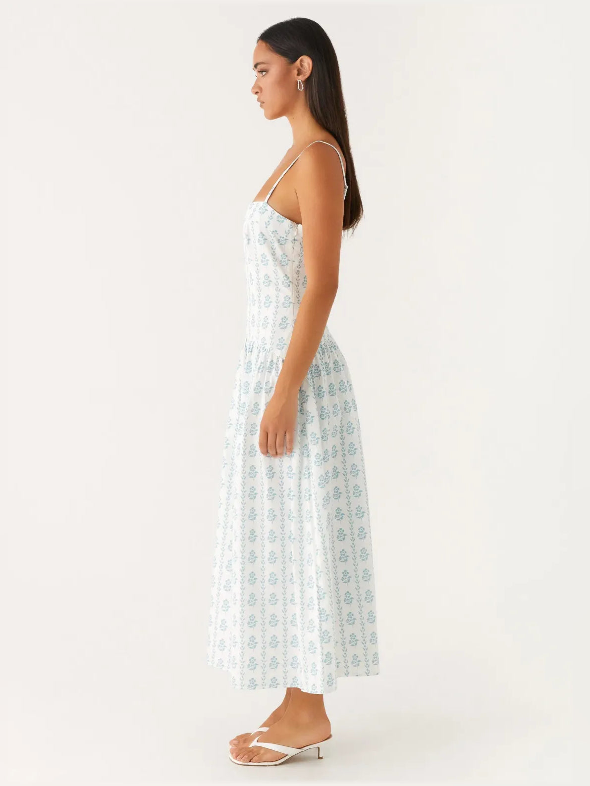 Light blue printed midi dress, side view, square neck with thin spaghetti straps