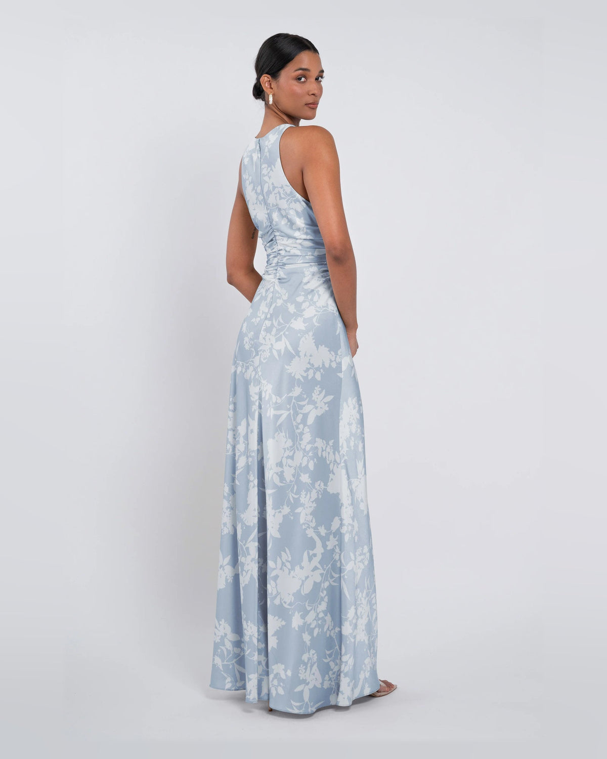 A-line maxi formal dress in light blue with white floral print, sleeveless draped bodice