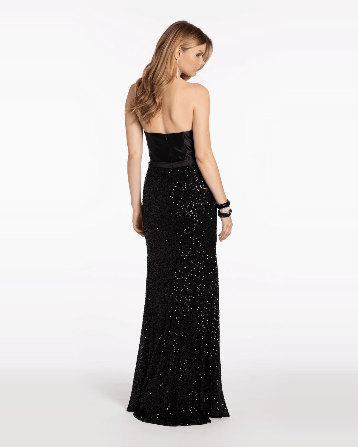 Black strapless maxi prom dress with satin bodice and sequined column skirt (side view)
