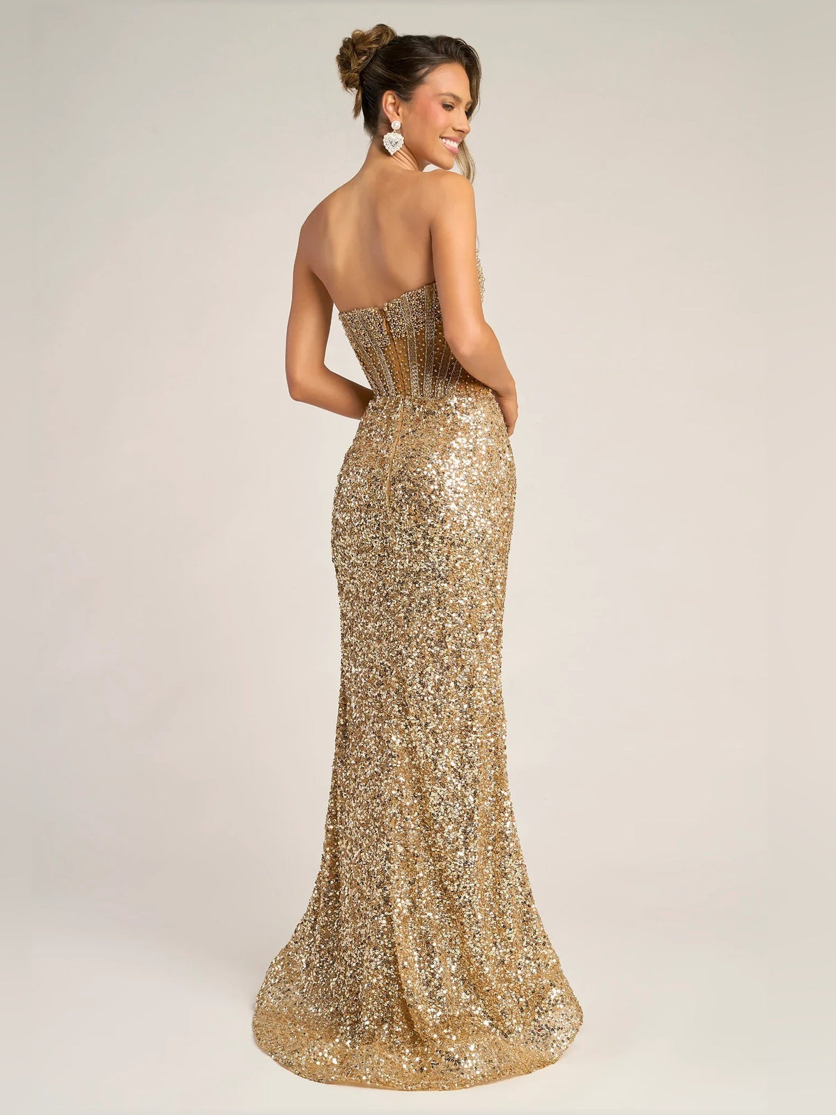 Gold strapless beaded corset open-back floor-length dress with side slit