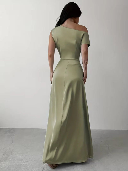 Olive green one-shoulder cutout sheath formal dress, open back view
