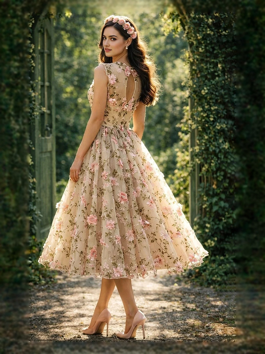 Pearl pink floral sleeveless midi tulle prom dress, A-line layered skirt
