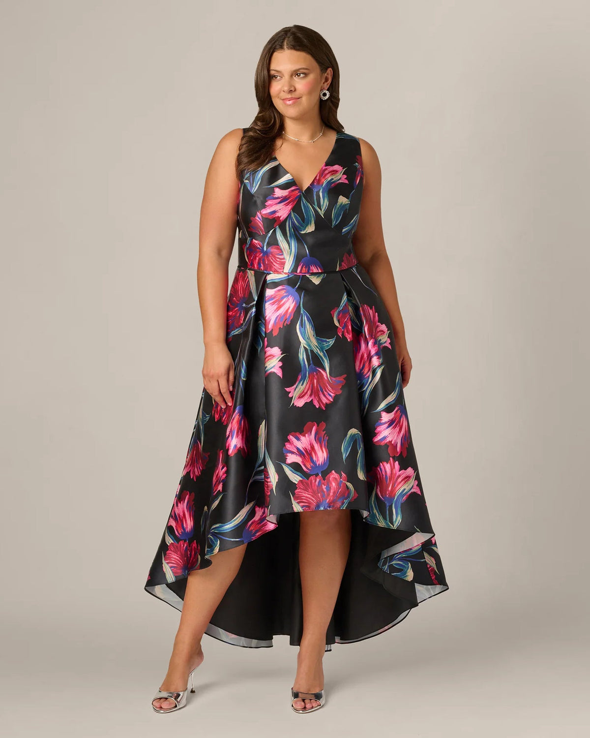 Floral A-line maxi dress with V-neck sleeveless, black with pink and blue blooms, high-low hem