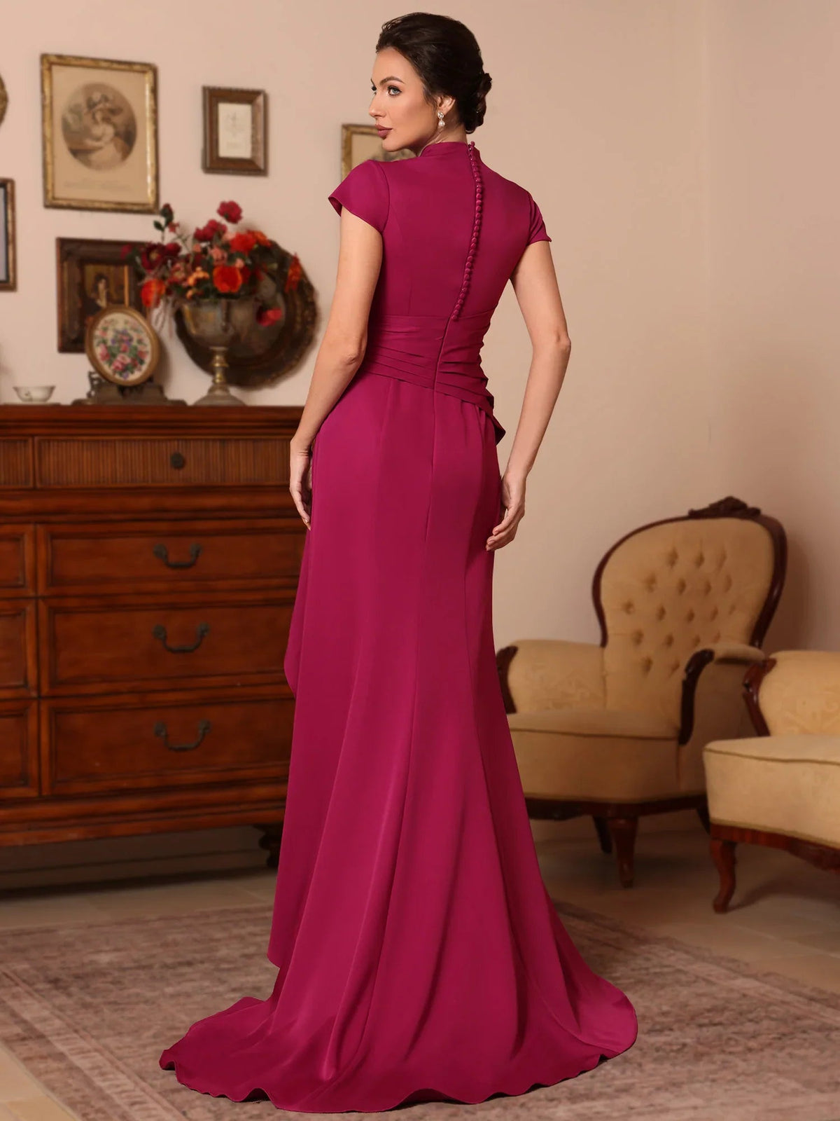 Raspberry satin mother-of-the-bride dress, beaded V-neck, A-line with draped ruffles
