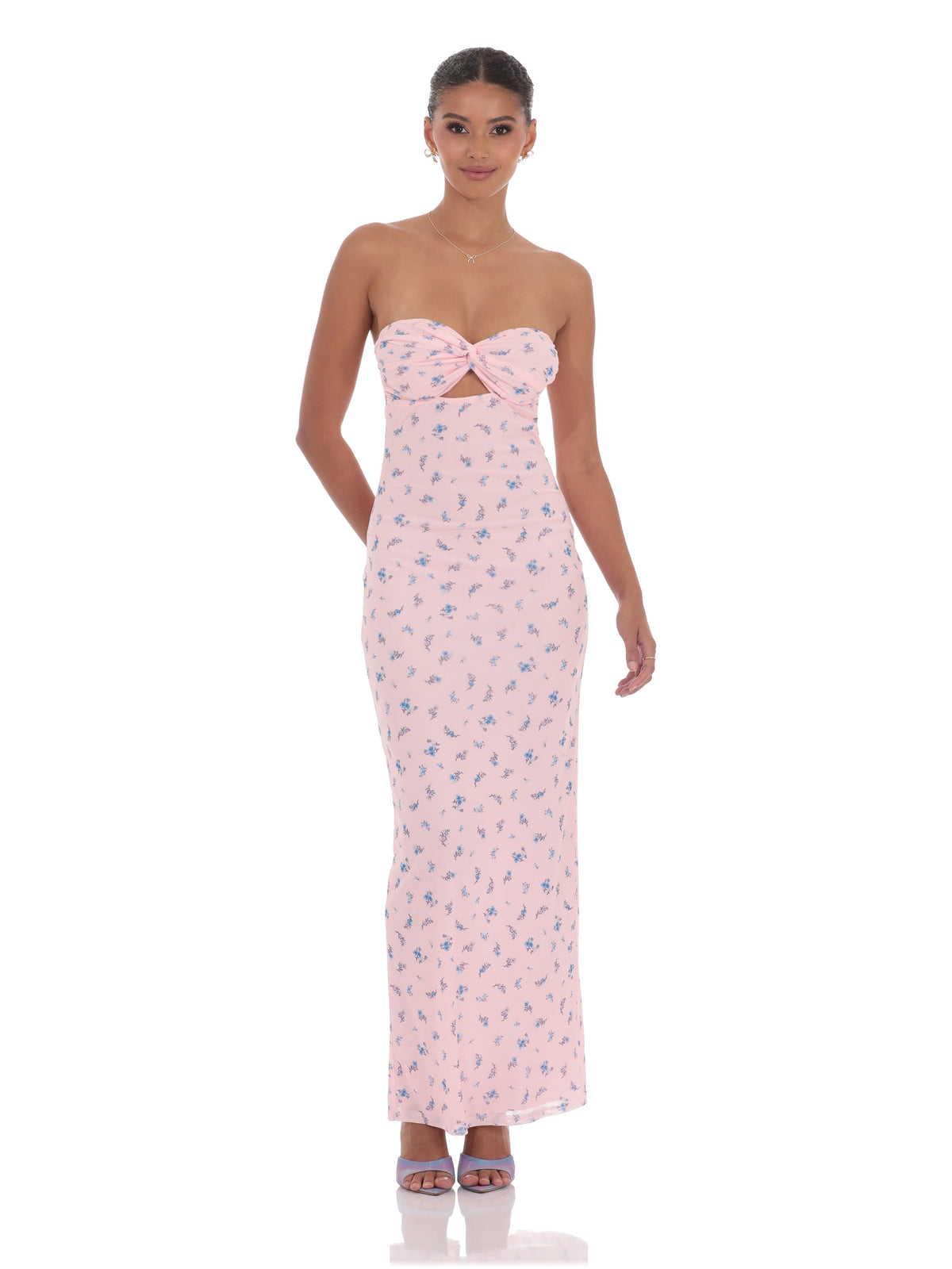 Pink strapless A-line maxi dress with blue floral print and center bow detail