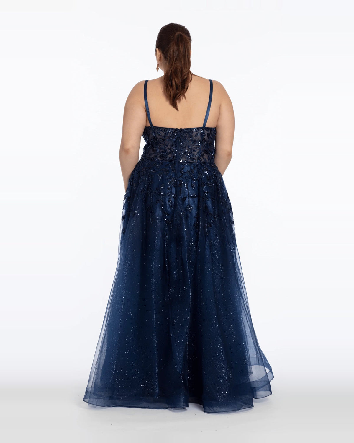 Navy sequin ball-gown prom dress, open back and spaghetti straps