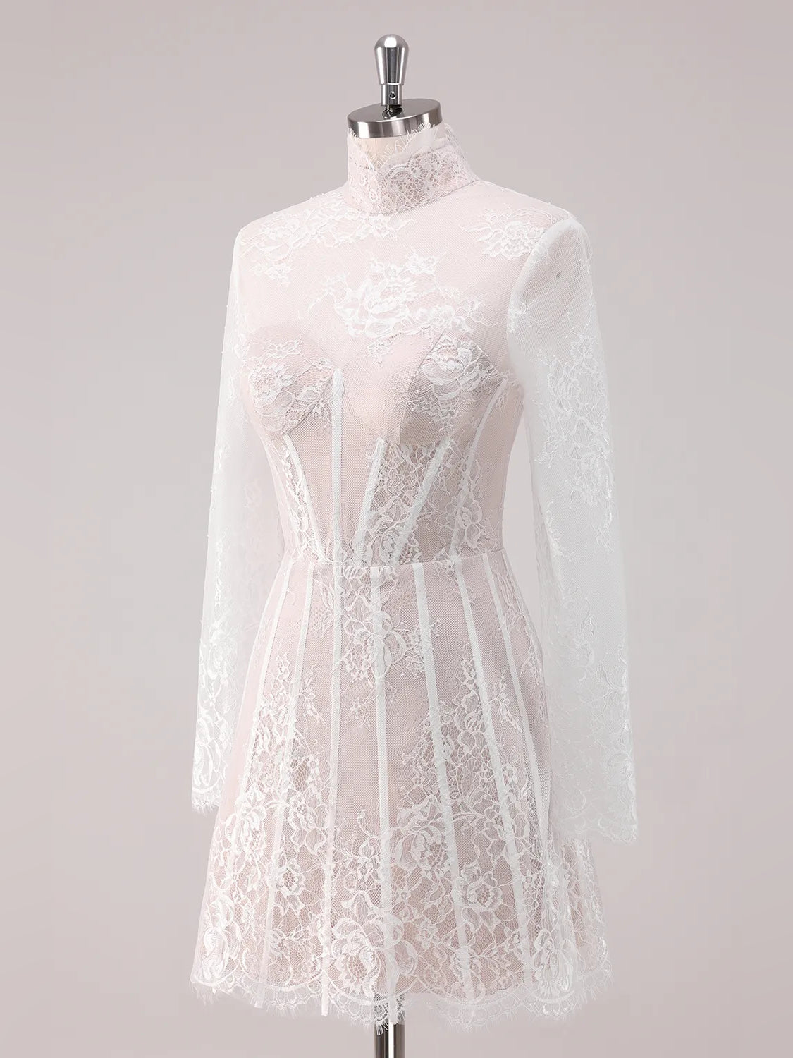 White high-neck lace corset mini dress on mannequin, A-line skirt, long sleeves