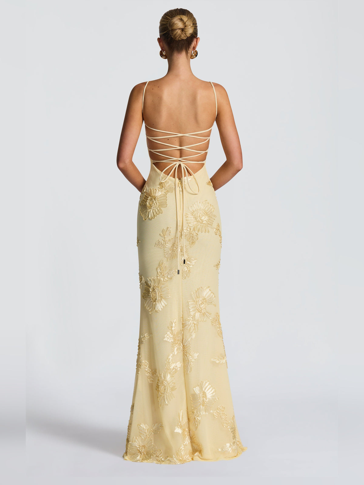 Champagne Gold mermaid maxi formal dress with floral appliqu¨¦, full-length back view