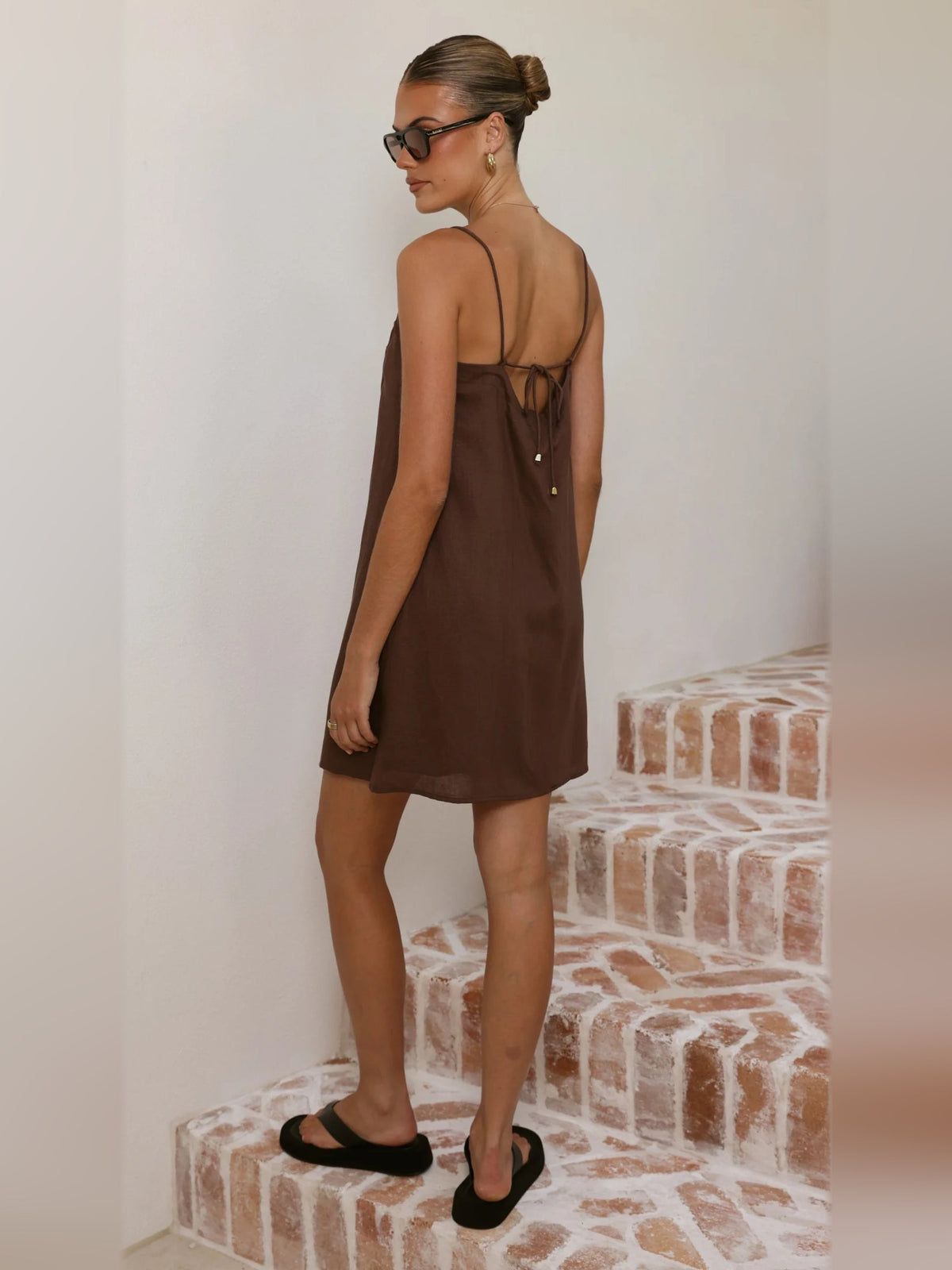 Brown mini dress, open back with adjustable tie, spaghetti straps