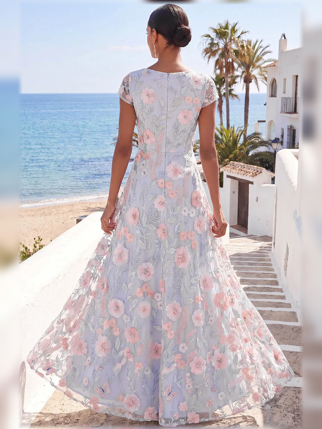 Light blue floral print maxi dress, back view, short sleeves
