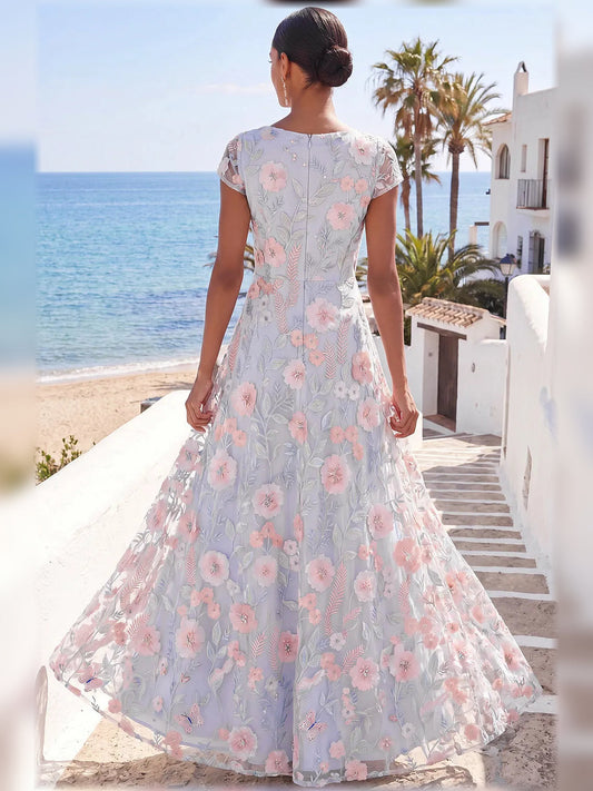 Light blue floral print maxi dress, back view, short sleeves