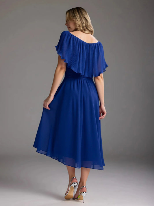 Royal blue off-the-shoulder pleated midi formal dress, ruffled back and shoulders