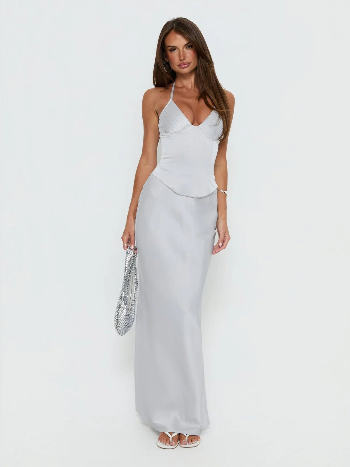 Silver formal dress with a-line silhouette