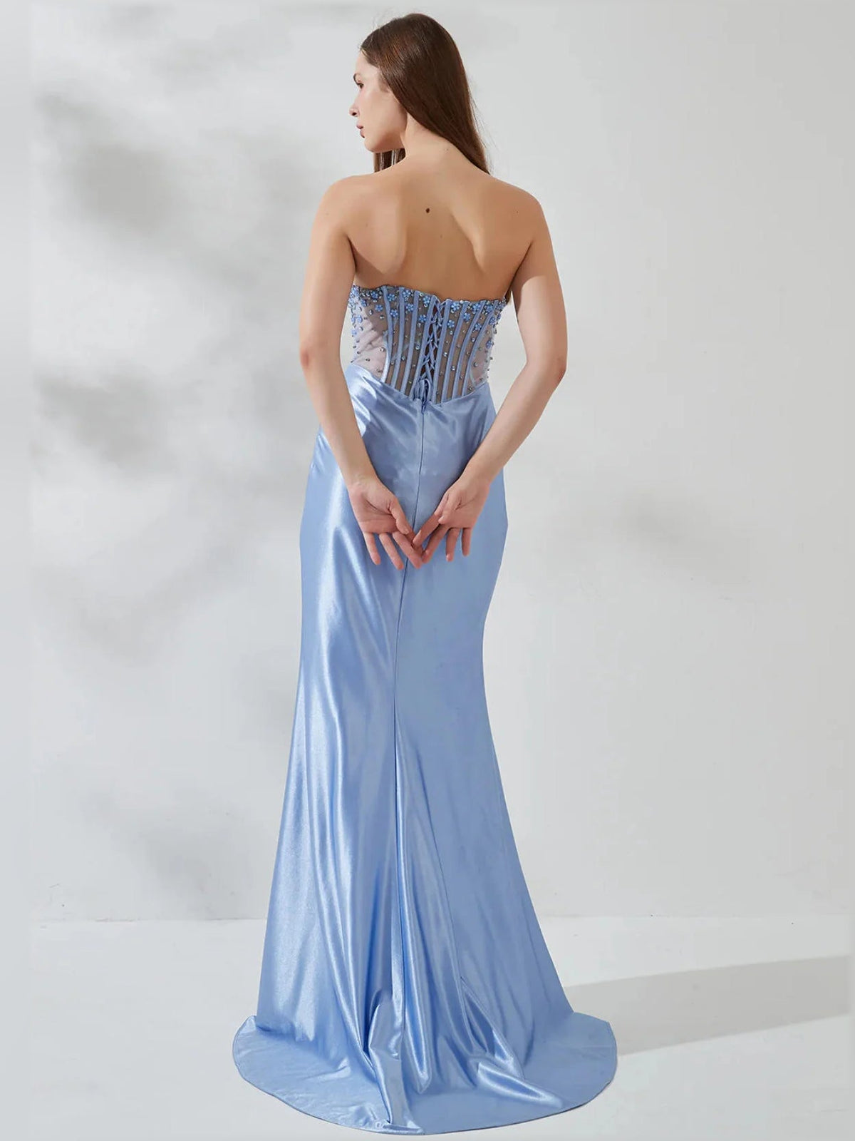 Light blue strapless sweetheart beaded satin mermaid formal dress, back view