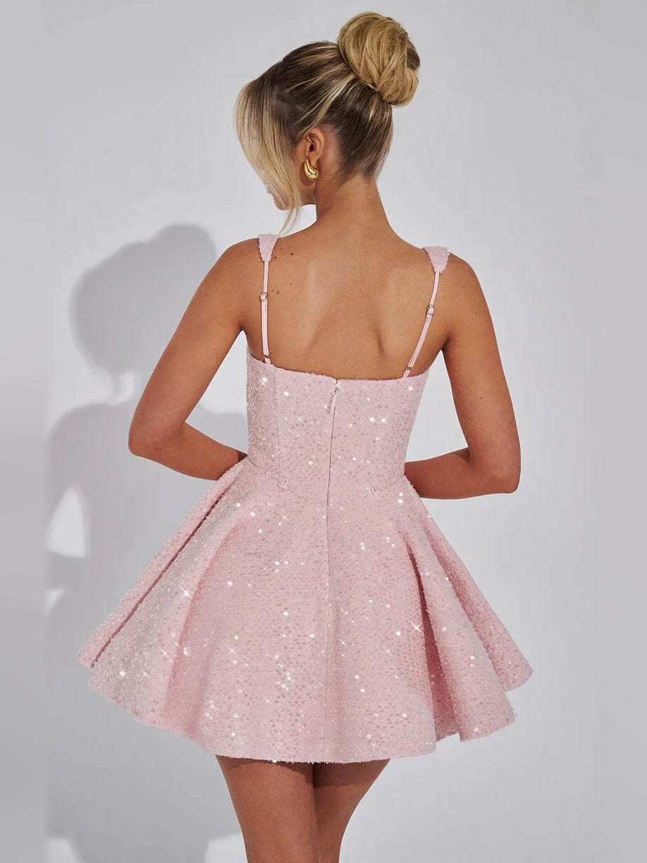 Blush pink sequin square-neck A-line mini dress with open back and thin straps