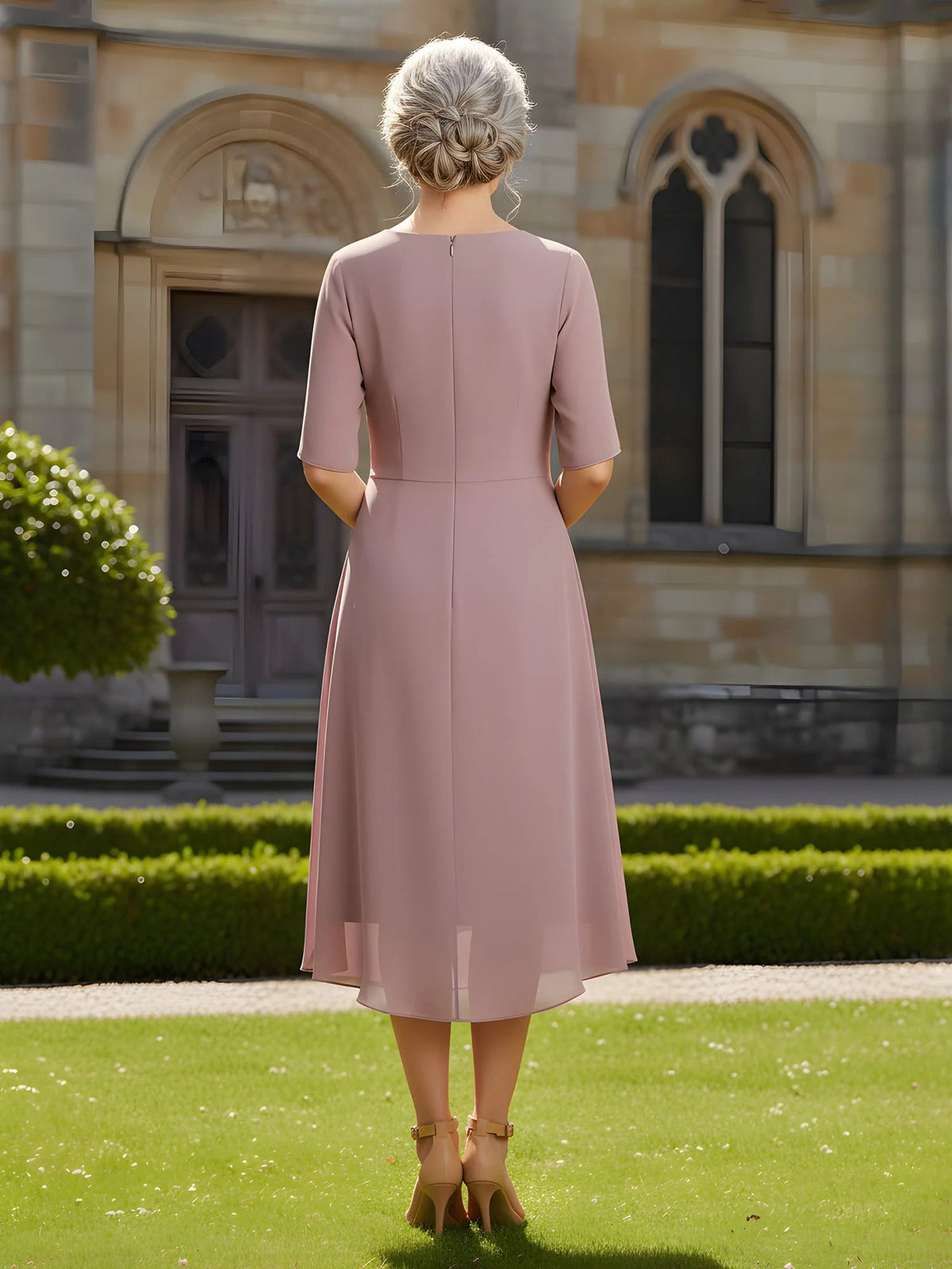Dusty rose chiffon A-line midi dress, back view, round neckline, three-quarter sleeves