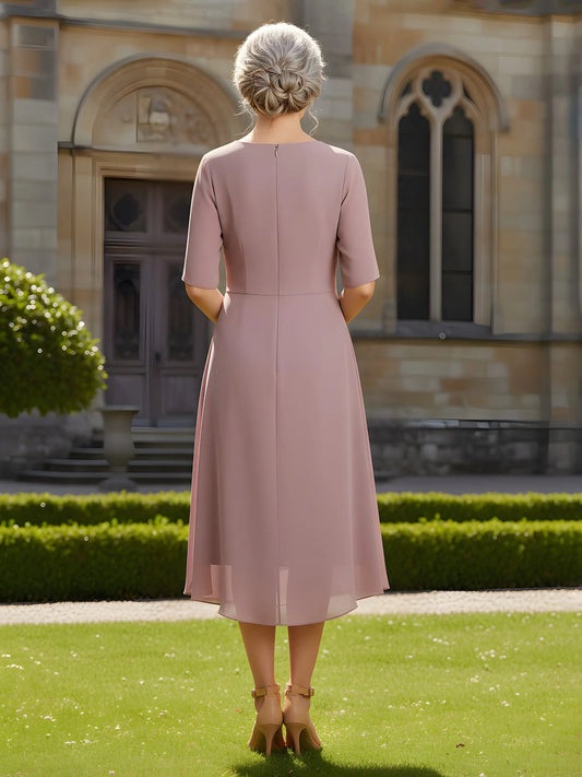 Dusty rose chiffon A-line midi dress, back view, round neckline, three-quarter sleeves