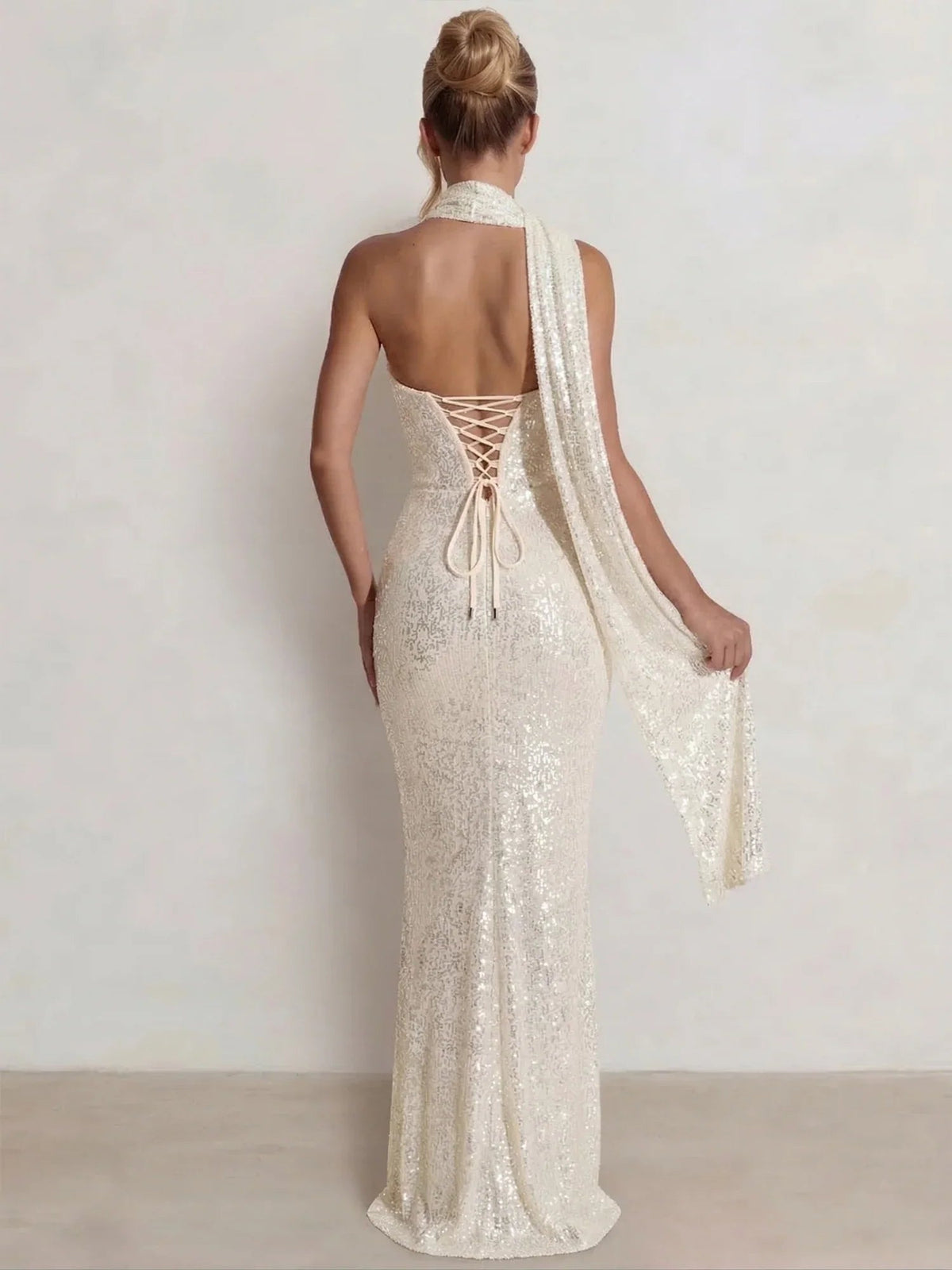 Champagne halter backless mermaid formal dress with lace-up open back and sequined finish