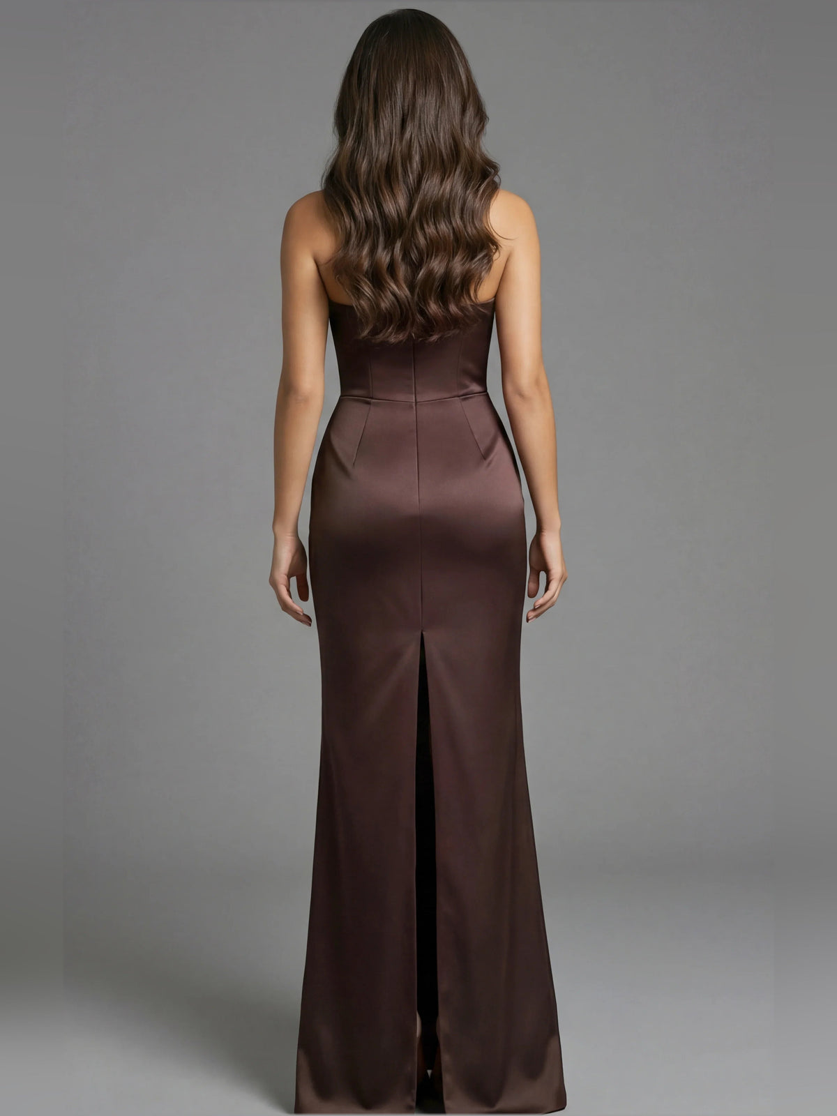 Chocolate one-shoulder mermaid formal dress with ruched back and long front slit