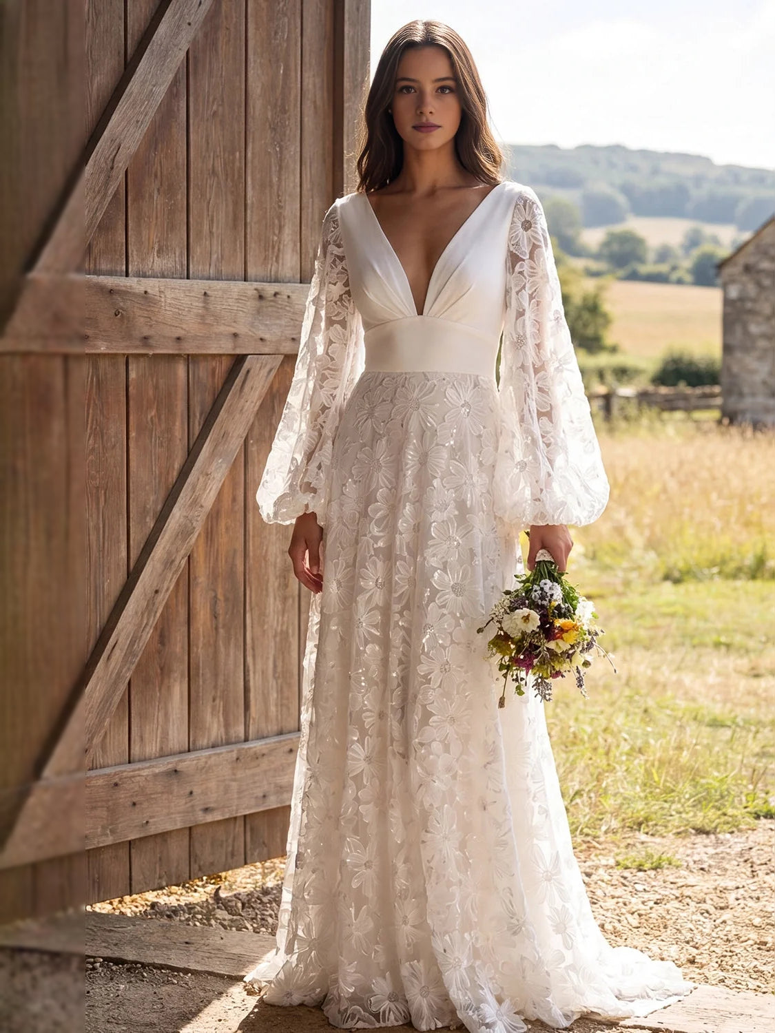 Ivory A-line V-neck wedding dress with floral lace bodice and long lace sleeves
