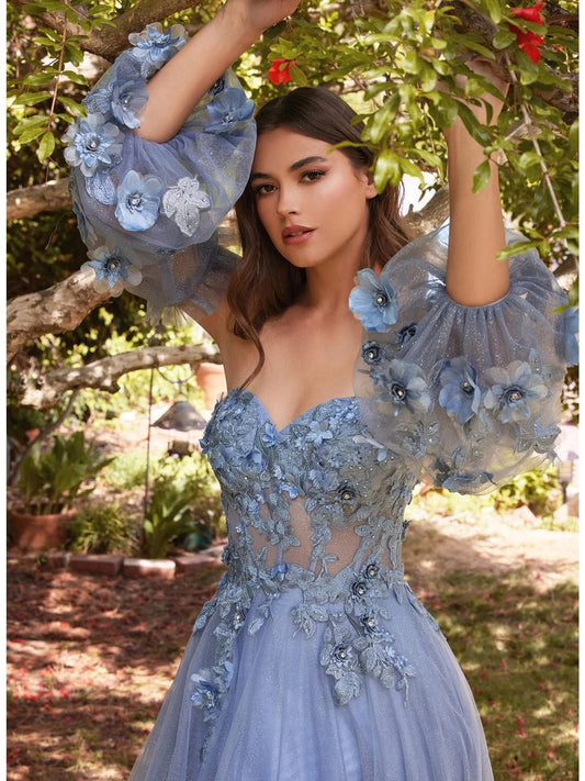 Slate blue off-shoulder tulle dress with lace floral appliques and ruffled sleeves