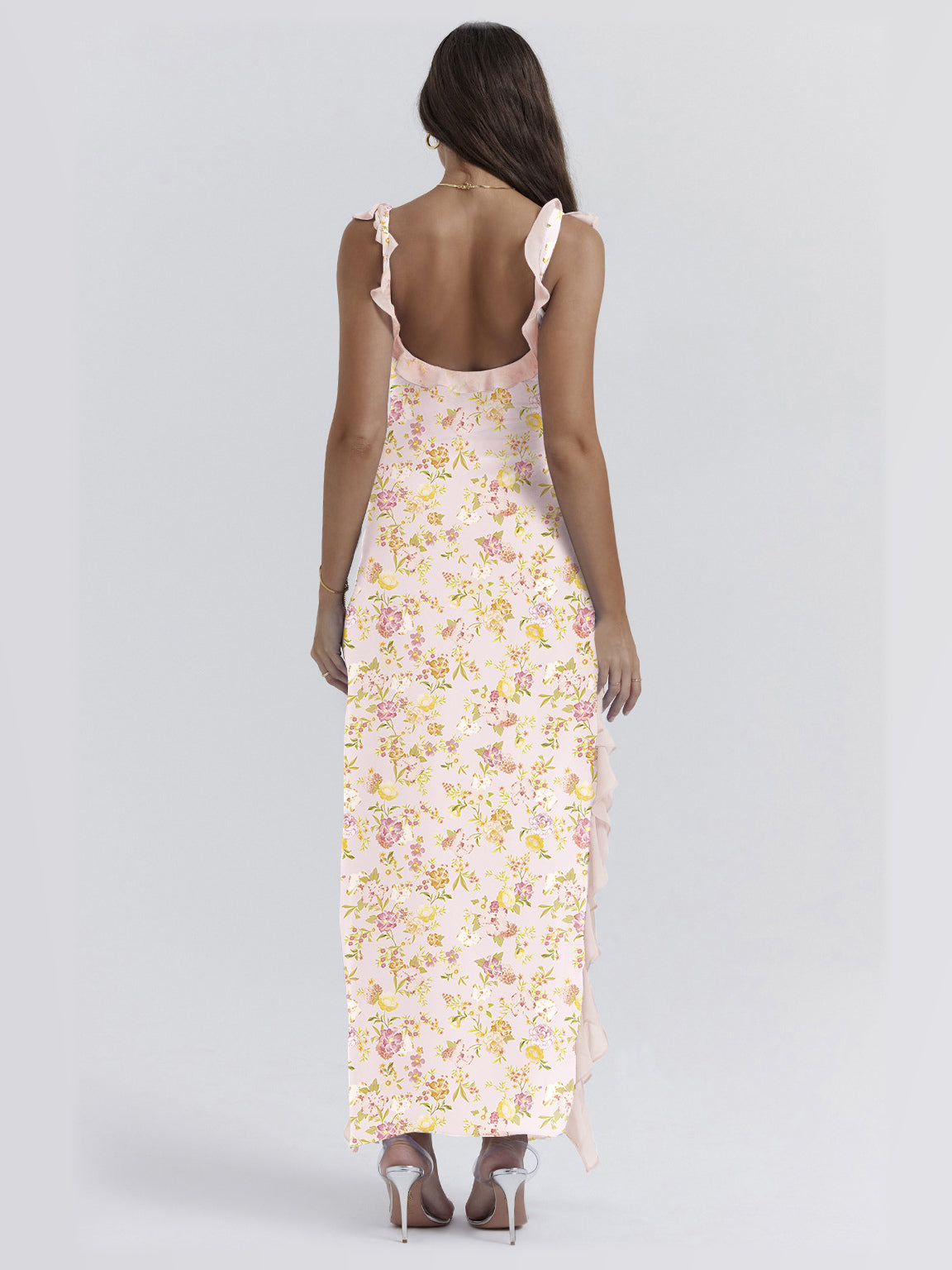 Pink maxi formal dress, back full-length view showing the bodice