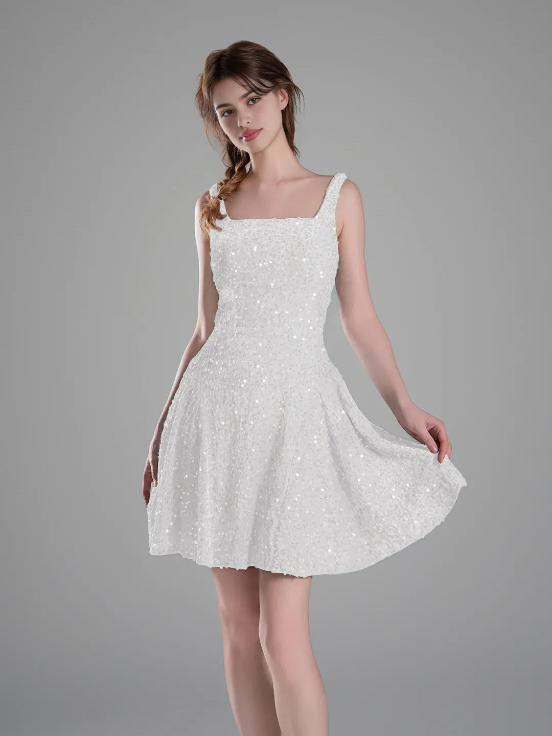 White sequined A-line mini dress with square neckline and spaghetti straps