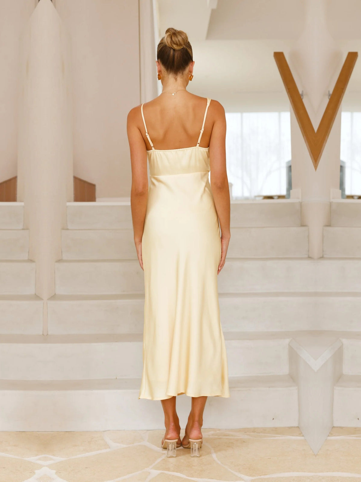 Yellow sheath maxi formal dress with sheath, full-length back view