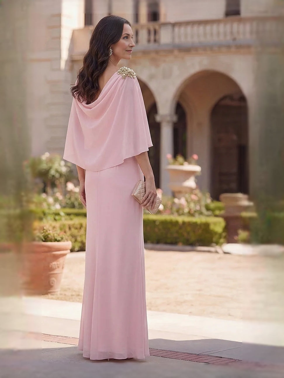 Pink chiffon floor-length sheath dress with boat neck, draped drape, beaded shoulder detail