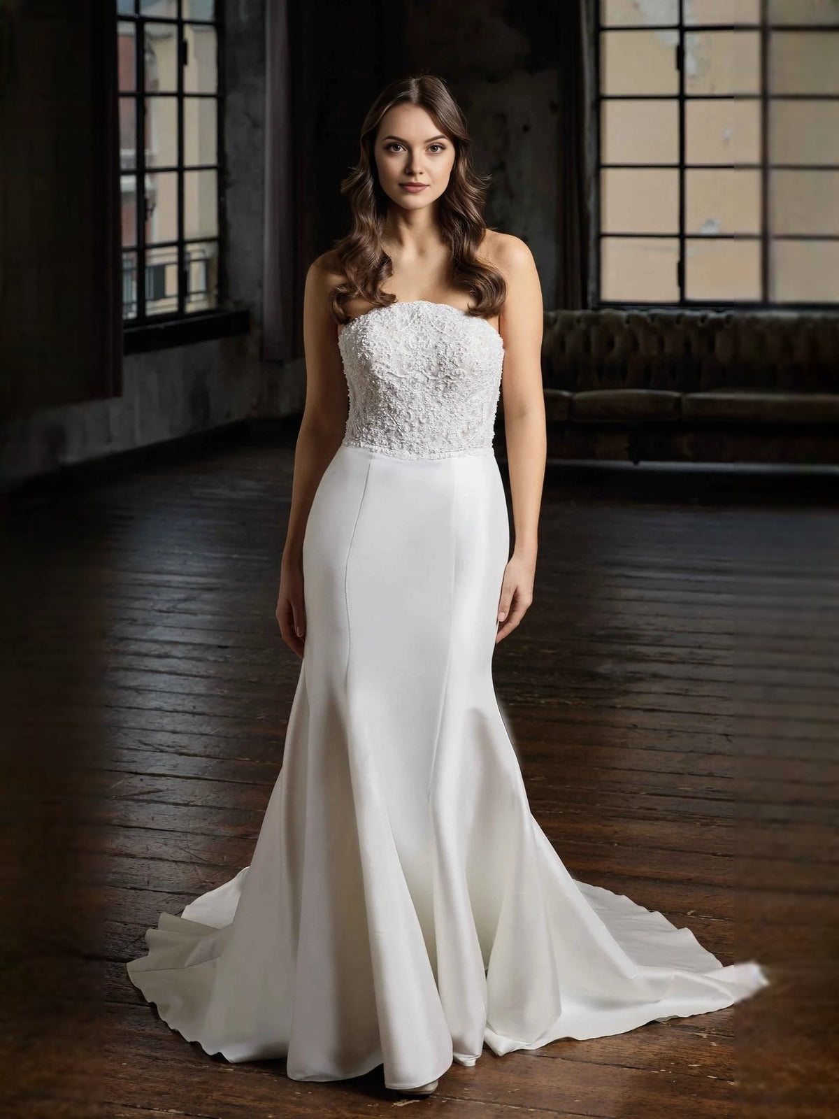 Ivory strapless mermaid wedding dress with beaded bodice and satin flare hem