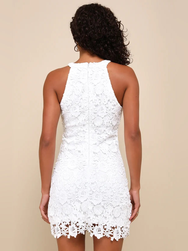Ivory lace high-neck halter bodycon mini dress, back view with scalloped hem