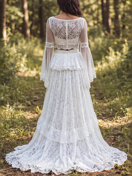 Ivory lace chiffon A-line wedding dress, lace back panel, tiered ruffle skirt