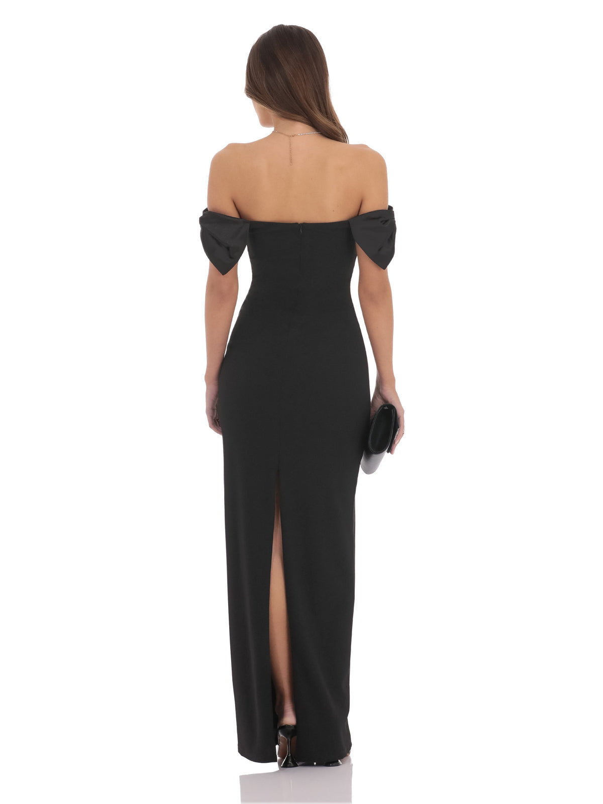 Black bridesmaid dress with off shoulder neckline