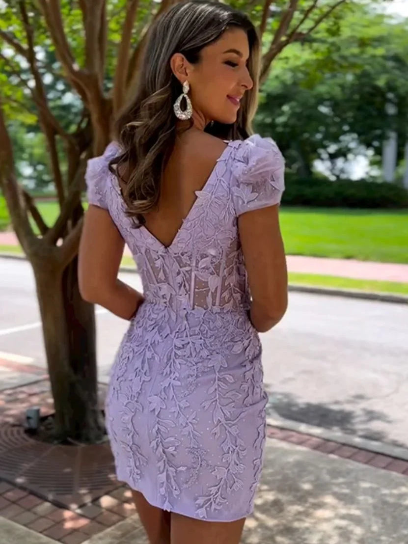 Lilac mini bodycon dress with open back and embroidered floral corset detail