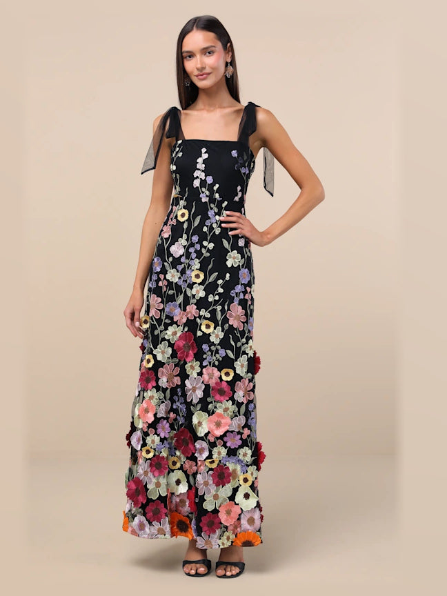 Black formal dress with a-line silhouette