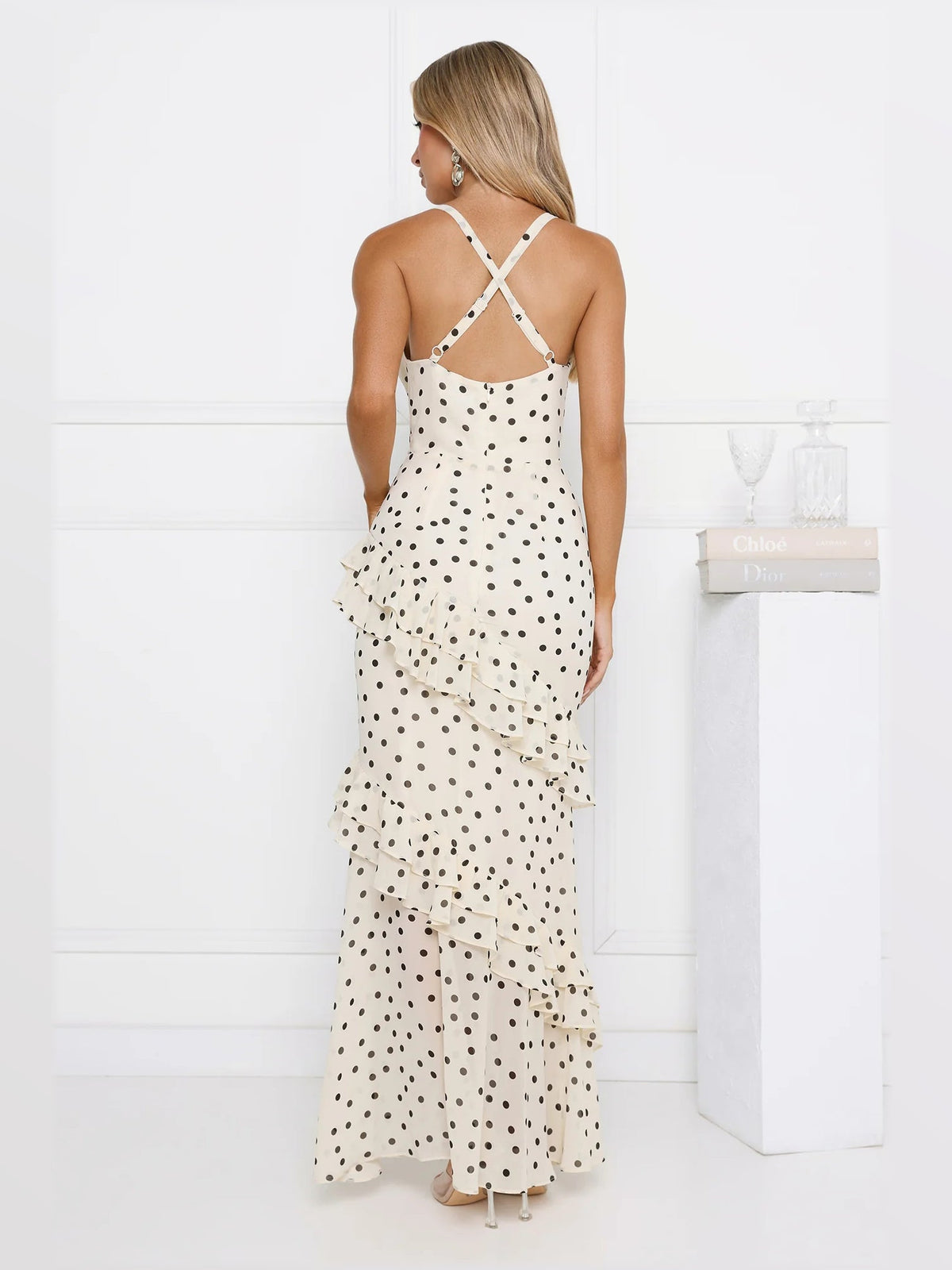 Cream maxi formal dress, back full-length view showing the bodice