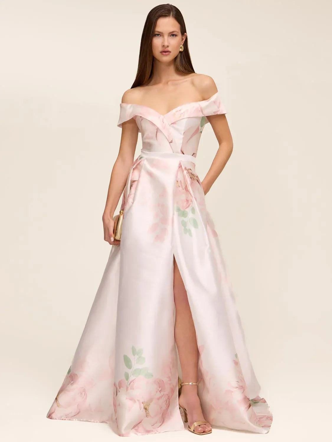 Floral satin off-shoulder maxi A-line dress with corset bodice and thigh slit