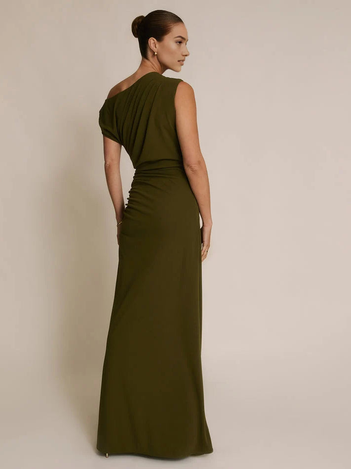 Olive green draped one-shoulder sheath maxi dress with ruched detail