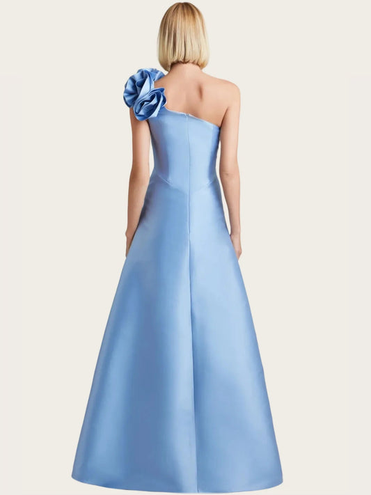 Light blue one-shoulder formal dress with fabric flower detail and back view